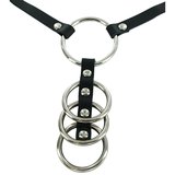 Bondage Boutique Four Ring Steel Cock Ring with Leather Strap