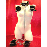 Leather and Chain Multi D-Ring Bondage Collar with Wrist and Ankle Cuff Restrain