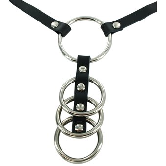Bondage Boutique Four Ring Steel Cock Ring with Leather Strap