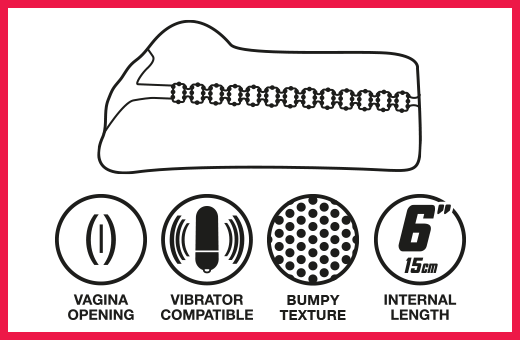 Vagina opening, vibrator compatible, bumpy texture, 6 inch length