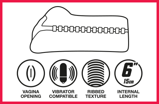 Vagina opening, vibrator compatible, ribbed texture, 6 inch length