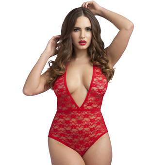 Lovehoney roter Ouvert-Body aus Spitze mit tiefem Ausschnitt